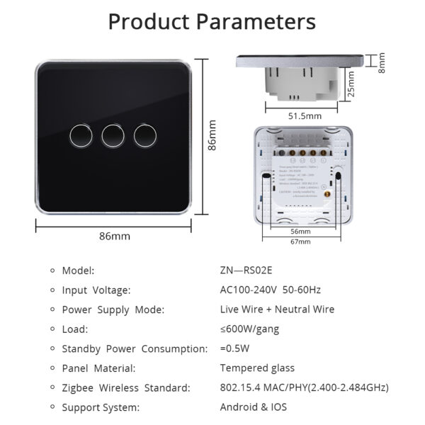 ⁦مفتاح Zemismart Zigbee الذكي مع نيوترال – لوحة لمس زجاجية للتحكم بالإضاءة متوافقة مع Tuya وAlexa وGoogle Home⁩ - الصورة ⁦2⁩