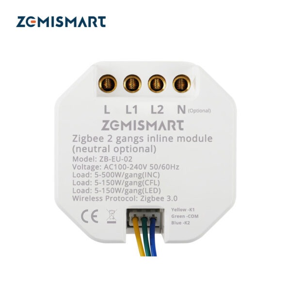 جهاز تحكم ذكي Zemismart Zigbee بمخرجين داخليين – سلك محايد اختياري وتحكم مؤقت عبر التطبيق Tuya
