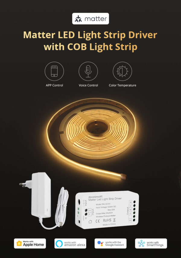 ⁦وحدة تحكم بشريط إضاءة ذكي Matter من Zemismart – تدعم WiFi وAlexa وGoogle وتعمل مع شريط COB RGBCW بجهد 24 فولت⁩ - الصورة ⁦4⁩