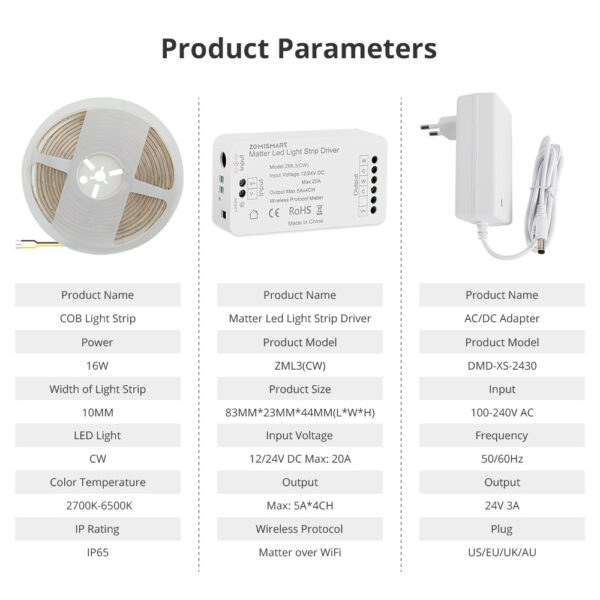 ⁦وحدة تحكم بشريط إضاءة ذكي Matter من Zemismart – تدعم WiFi وAlexa وGoogle وتعمل مع شريط COB RGBCW بجهد 24 فولت⁩ - الصورة ⁦24⁩